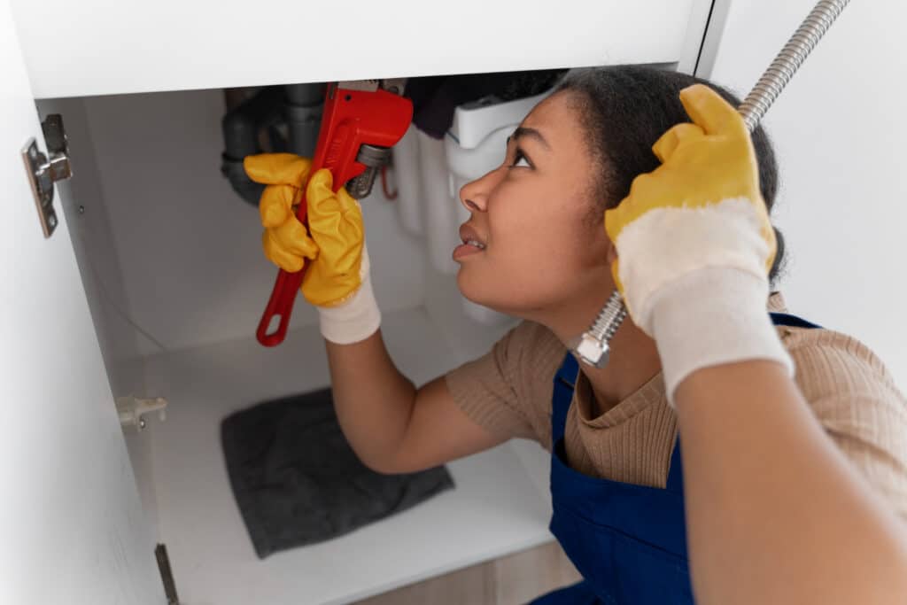 Femme en salopette utilisant une clé à molette